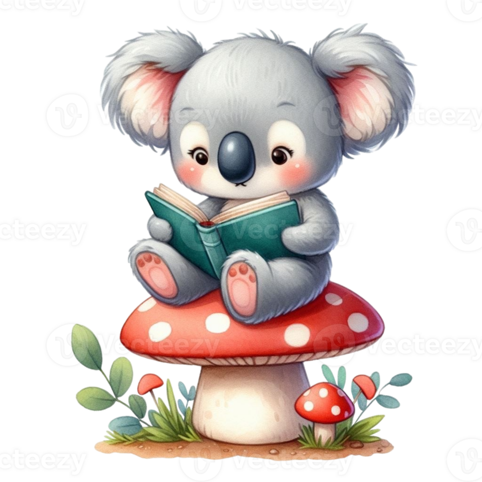 AI generated koala bear reading a book png