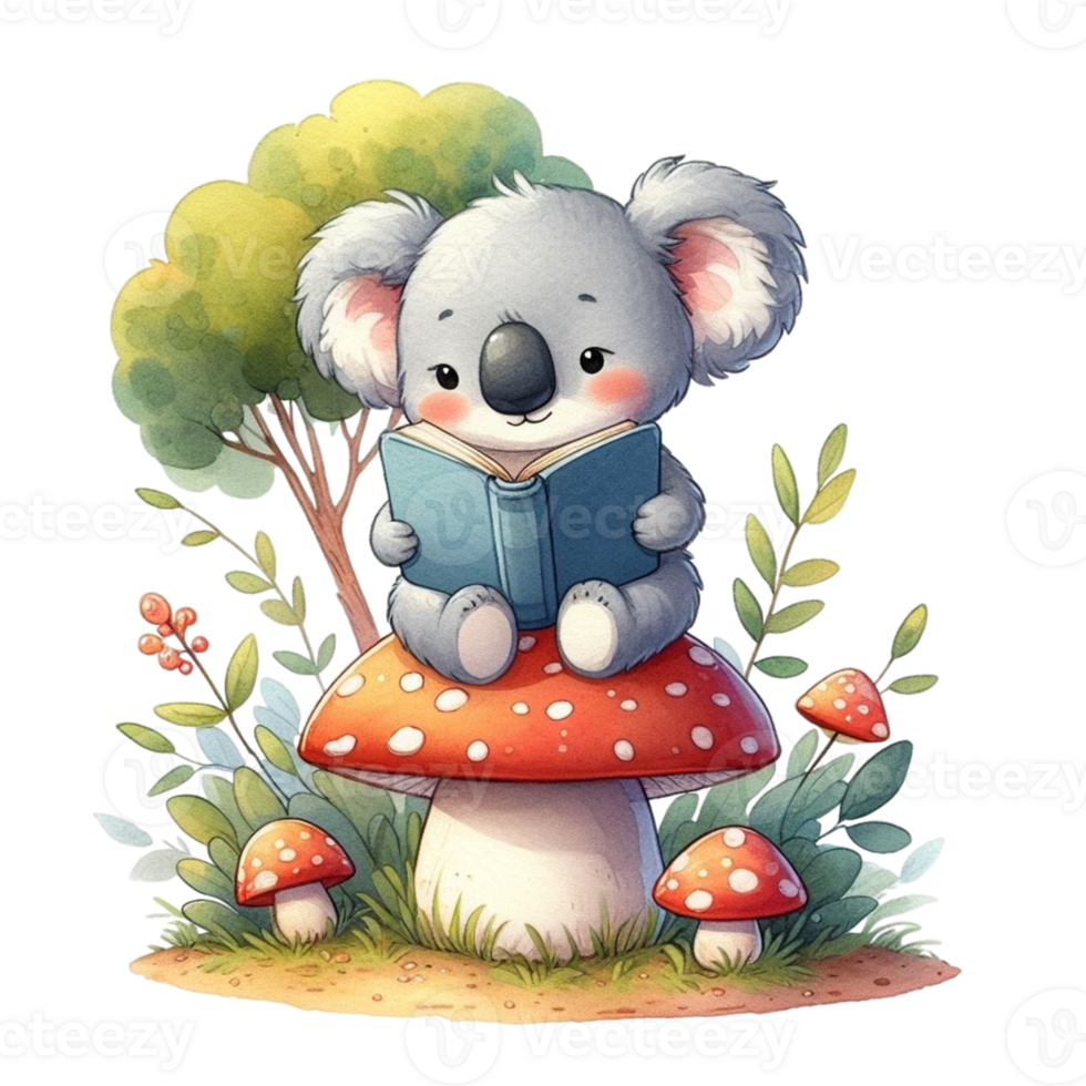 AI generated koala bear reading a book png