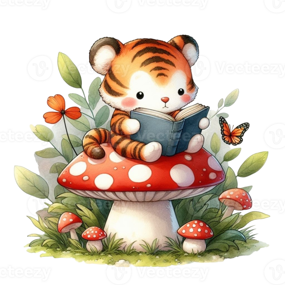 AI generated tiger reading a book png