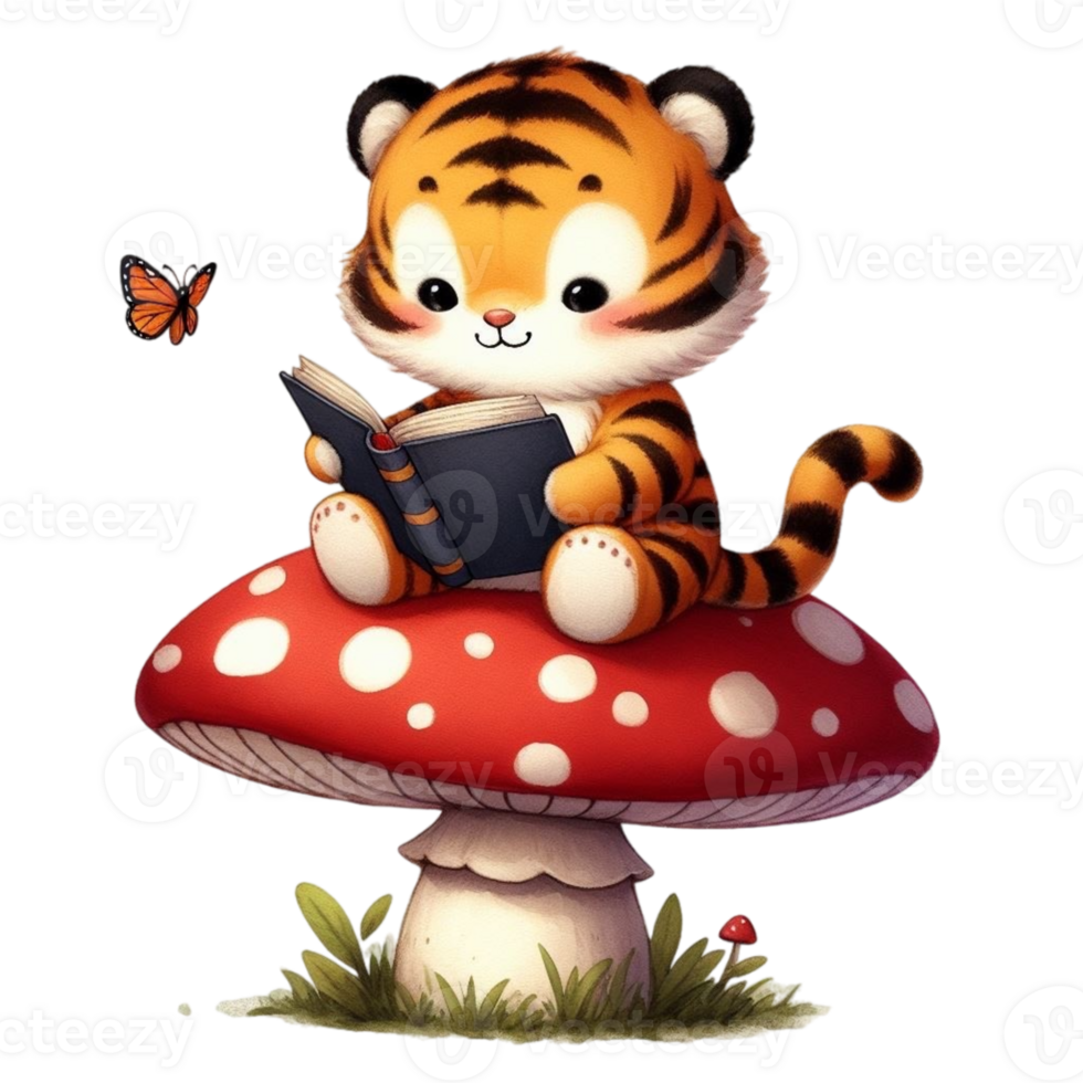 AI generated tiger reading a book png