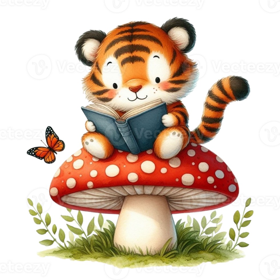 AI generated tiger reading a book png
