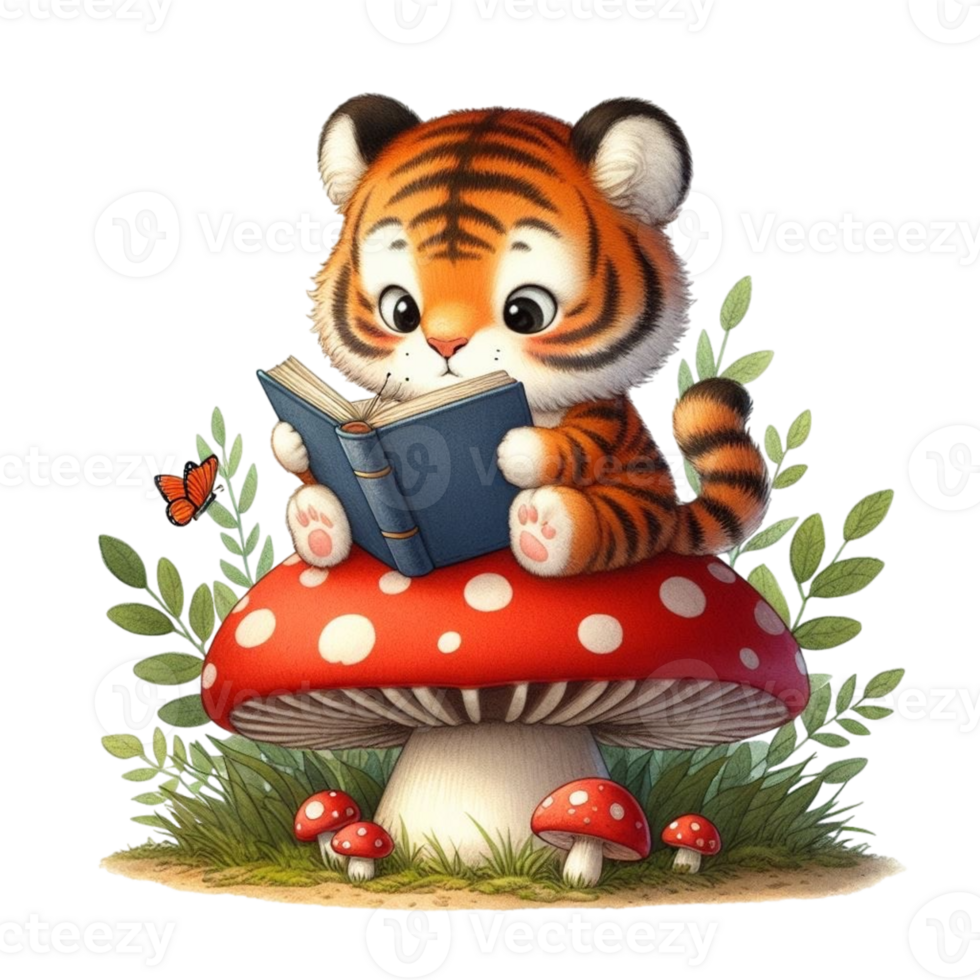AI generated tiger reading a book png