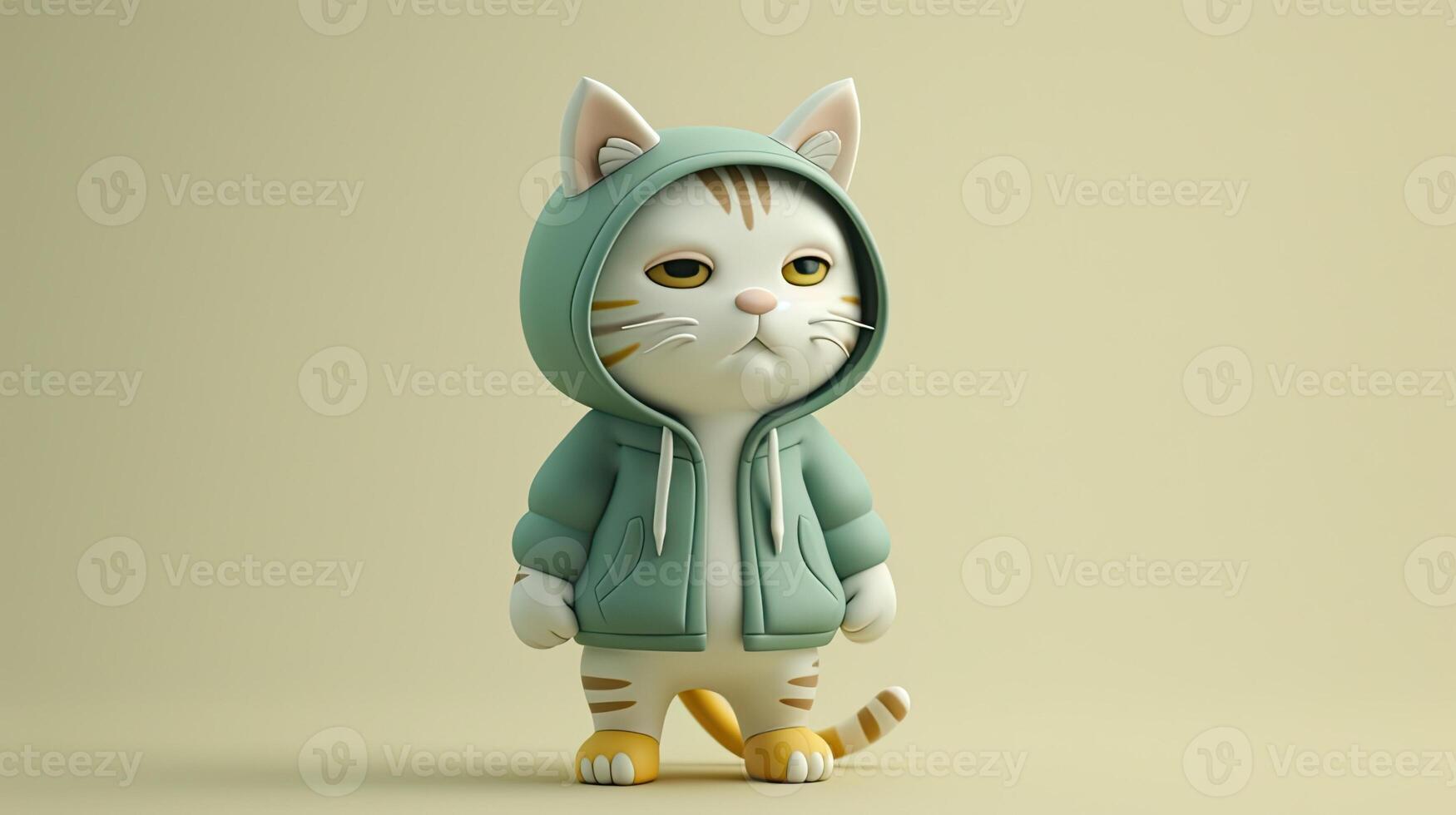 AI generated a cute little cat donning a hoodie, captured in a standing posture against a solid light background, showcasing super-detailed craftsmanship from a main view. photo