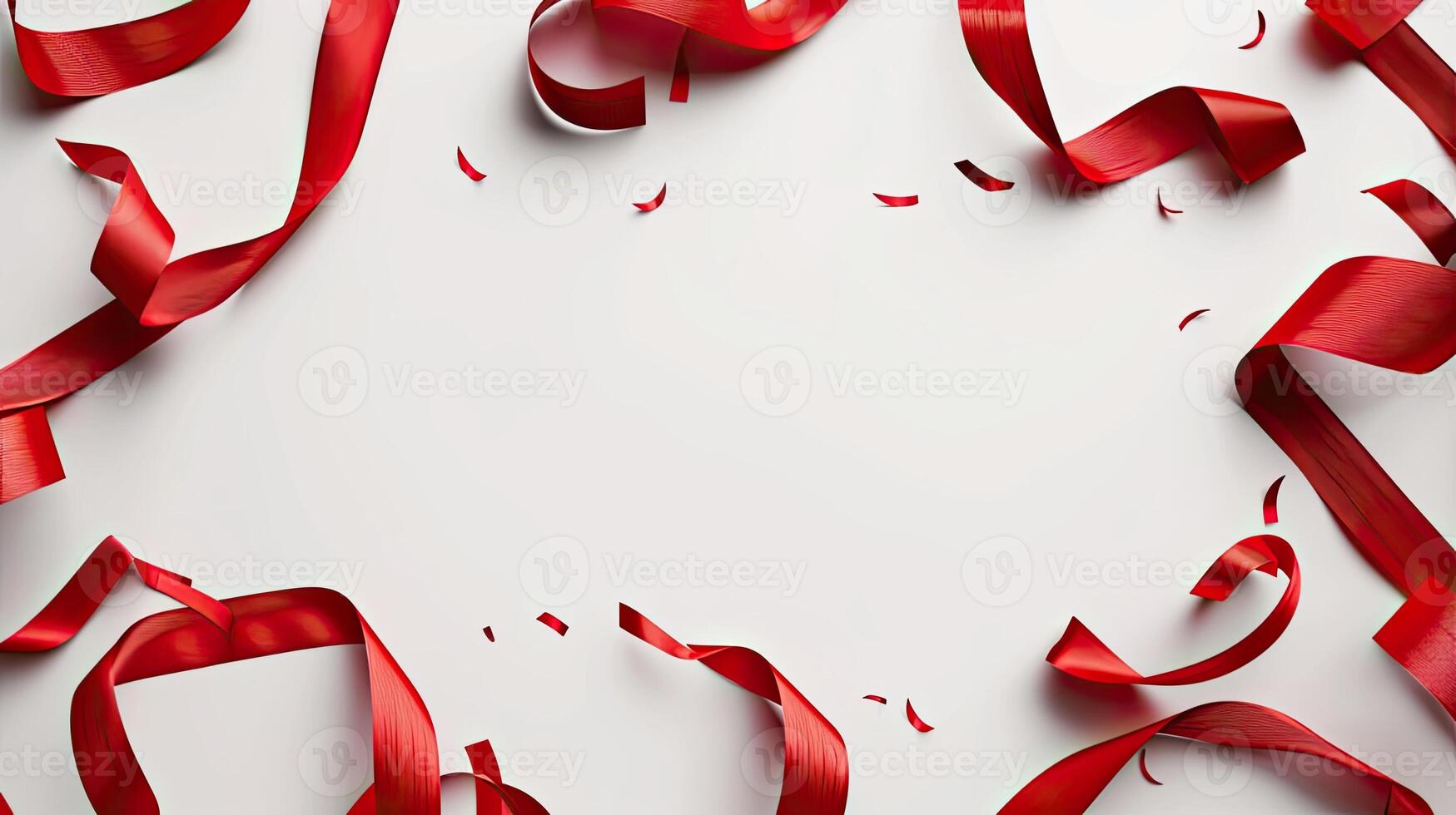 AI generated red ribbons against a pristine white background, rendered with precision, exuding simplicity and sophistication. photo
