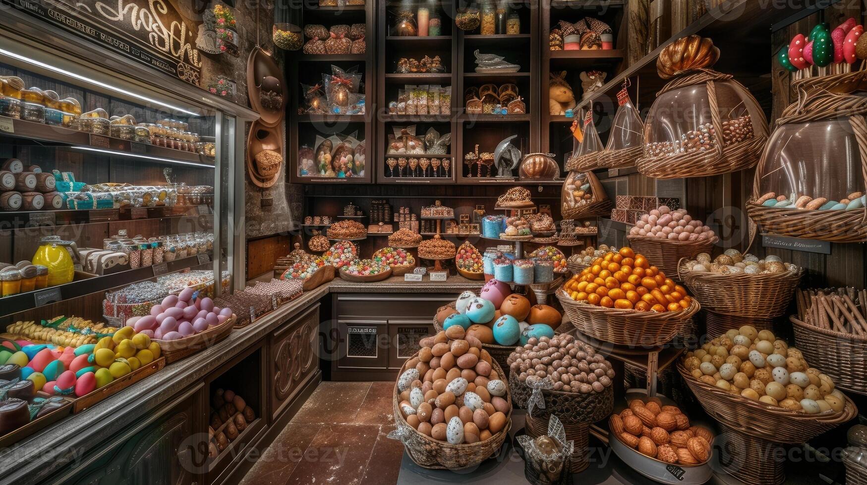AI generated an artisanal chocolate shop adorned with vibrant displays of intricately crafted chocolate sculptures and delectable treats, inviting visitors to indulge in the sweetness of the season. photo