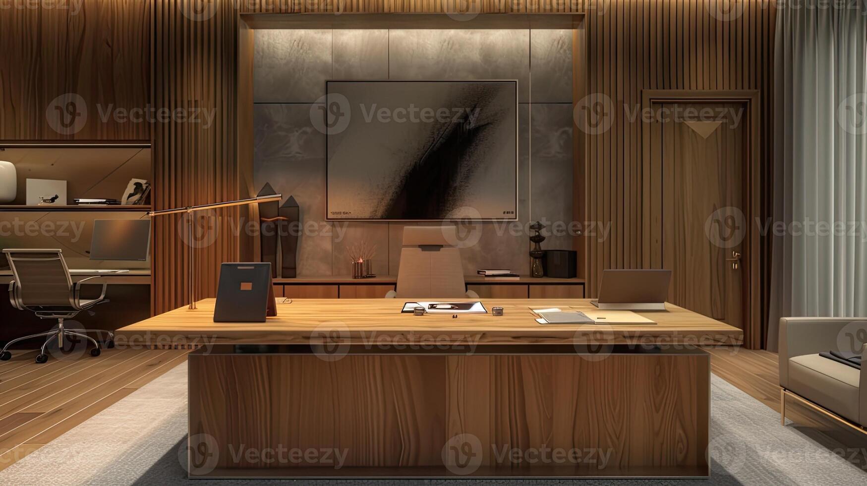 AI generated a sleek wooden home office, where functionality seamlessly intertwines with refined aesthetics, highlighting an expansive desk crafted from polished, natural wood as the centerpiece. photo