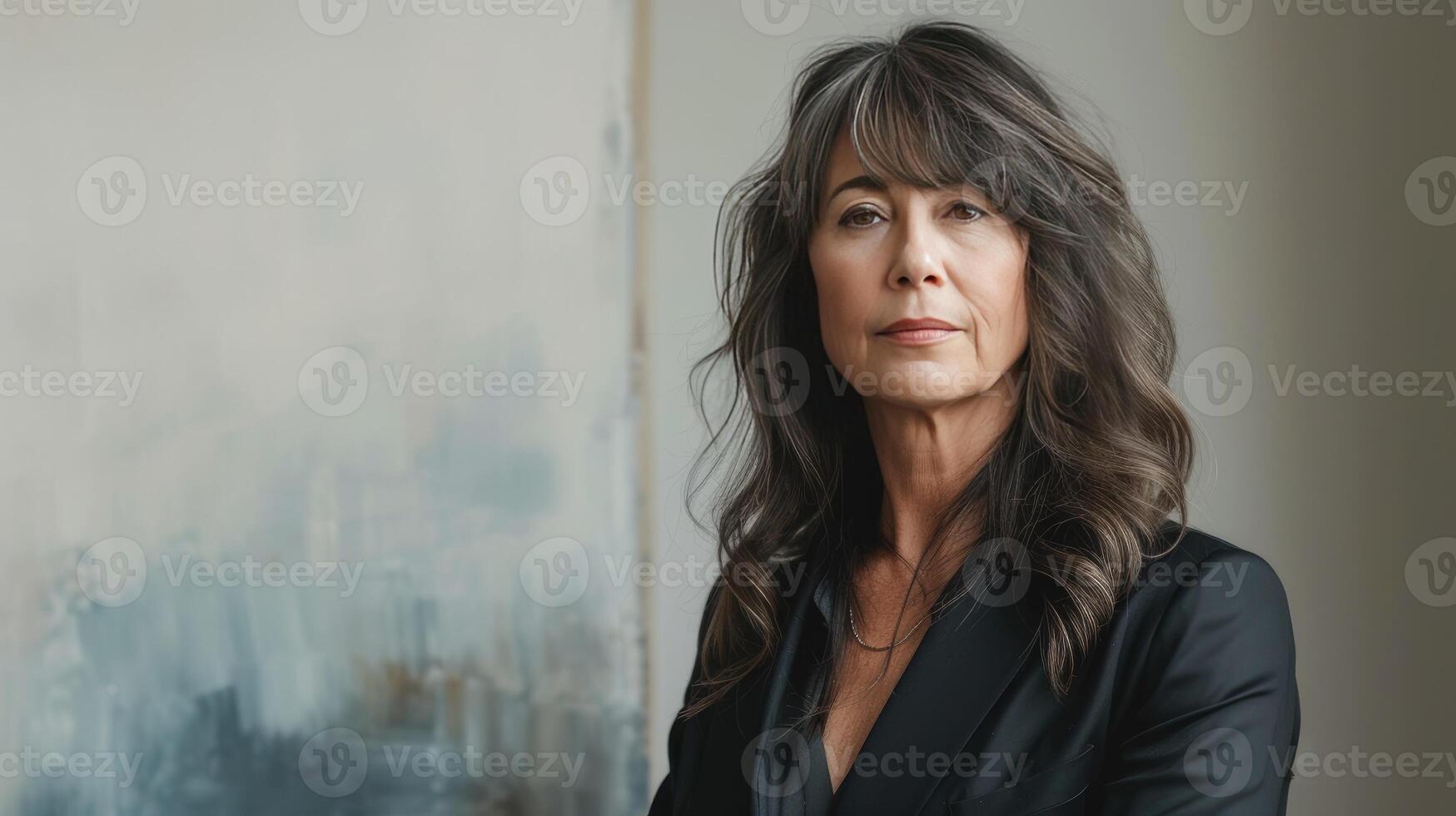 AI generated a mature female lawyer in joyful professional portraits, presented in a realistic style against a light background, conveying a sense of competence and approachability in legal practice. photo