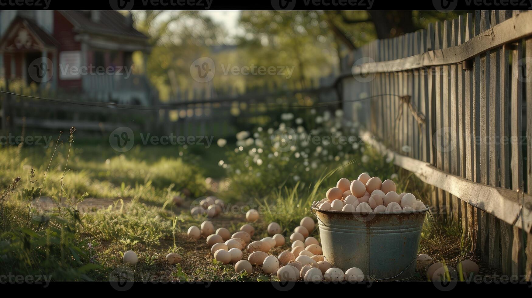 AI Generated a sturdy bucket brimming with freshly collected eggs, nestled beside the picket fence of a rustic chicken coop, epitomizing the charm of country living. photo