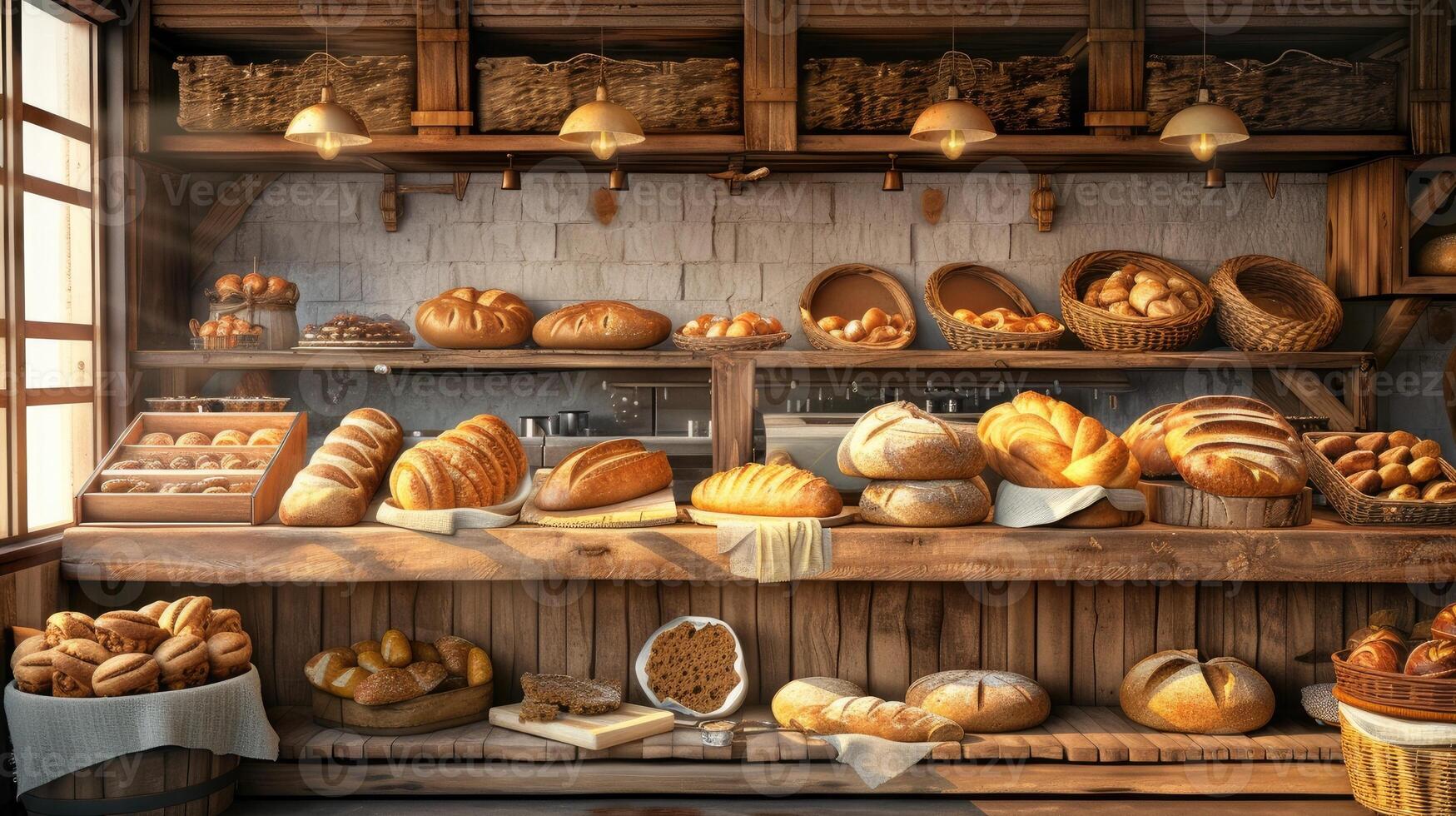 AI generated a quaint bakery, where artisanal bread varieties are artfully arranged on a rustic wooden counter, tempting passersby with their delicious aroma. photo