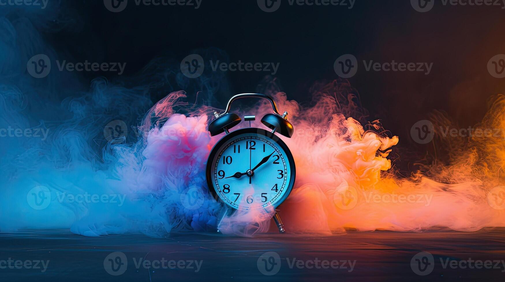 AI generated a clock rings loudly, its vibrant colors blending with bright colored smoke, creating a visually striking scene of alertness and heightened awareness. photo