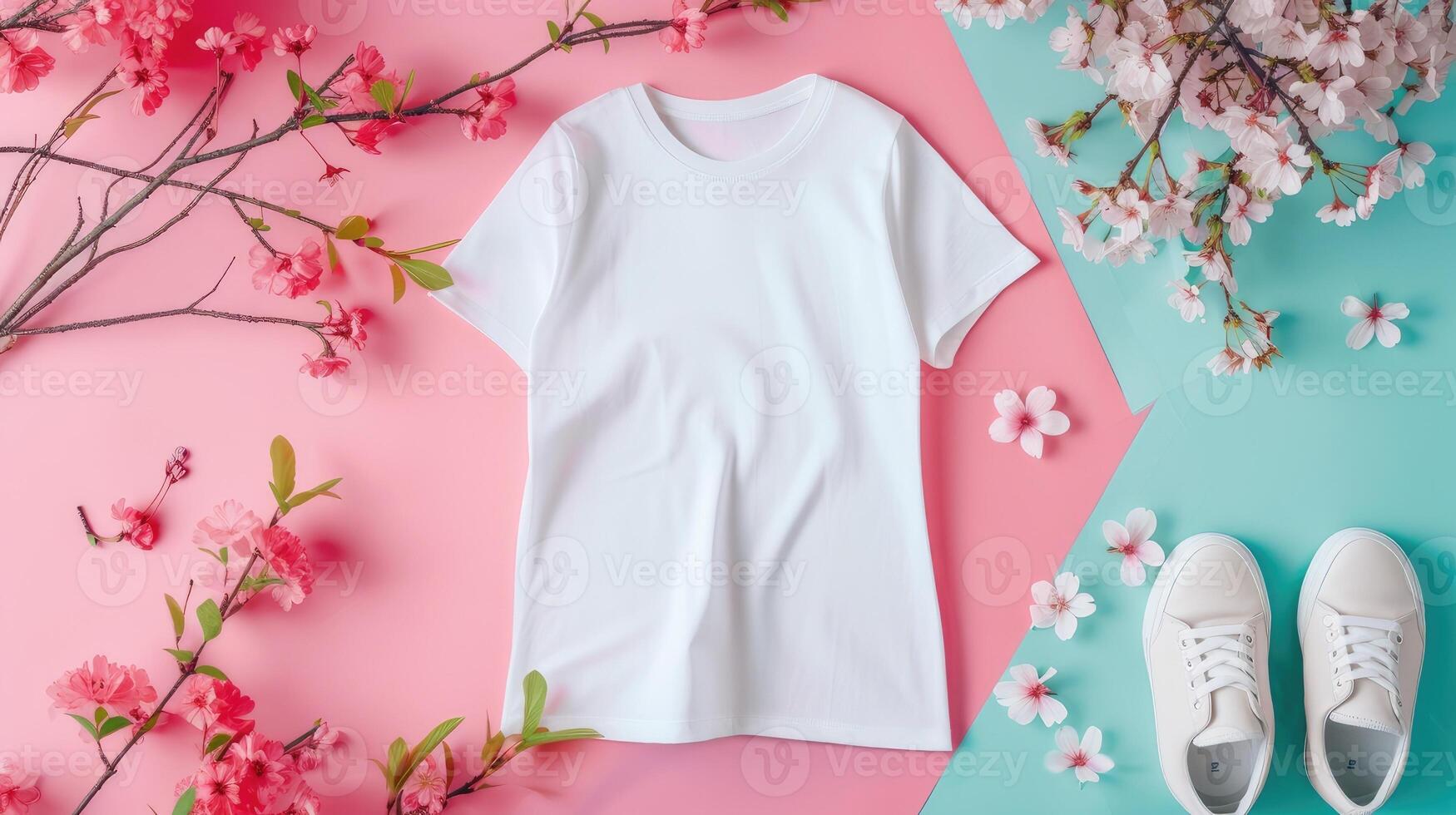 ai generado un blanco camiseta Bosquejo presentando un blanco camisa plantilla, adornado con vibrante primavera accesorios en contra un suave pastel fondo, Perfecto para transporte un Fresco y estacional estilo. foto