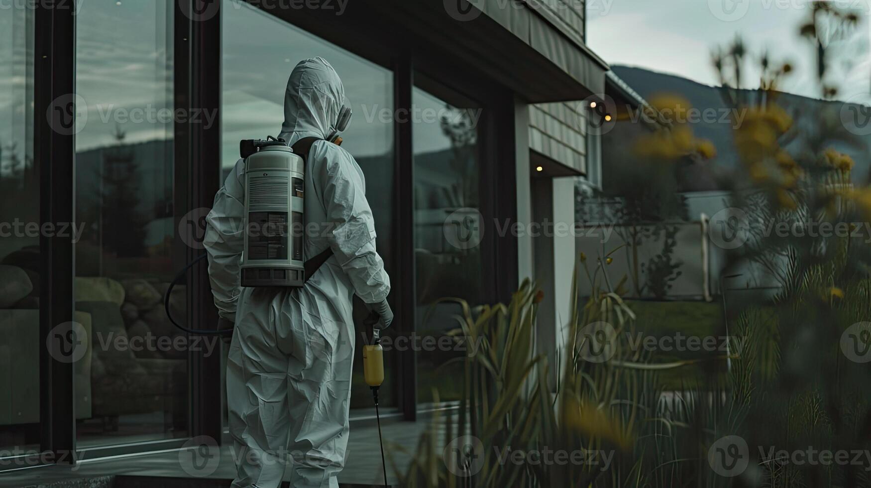 AI generated the technician holding a sprayer and emphasizing the application of the product at the base of the building to ensure thorough protection against pests. photo