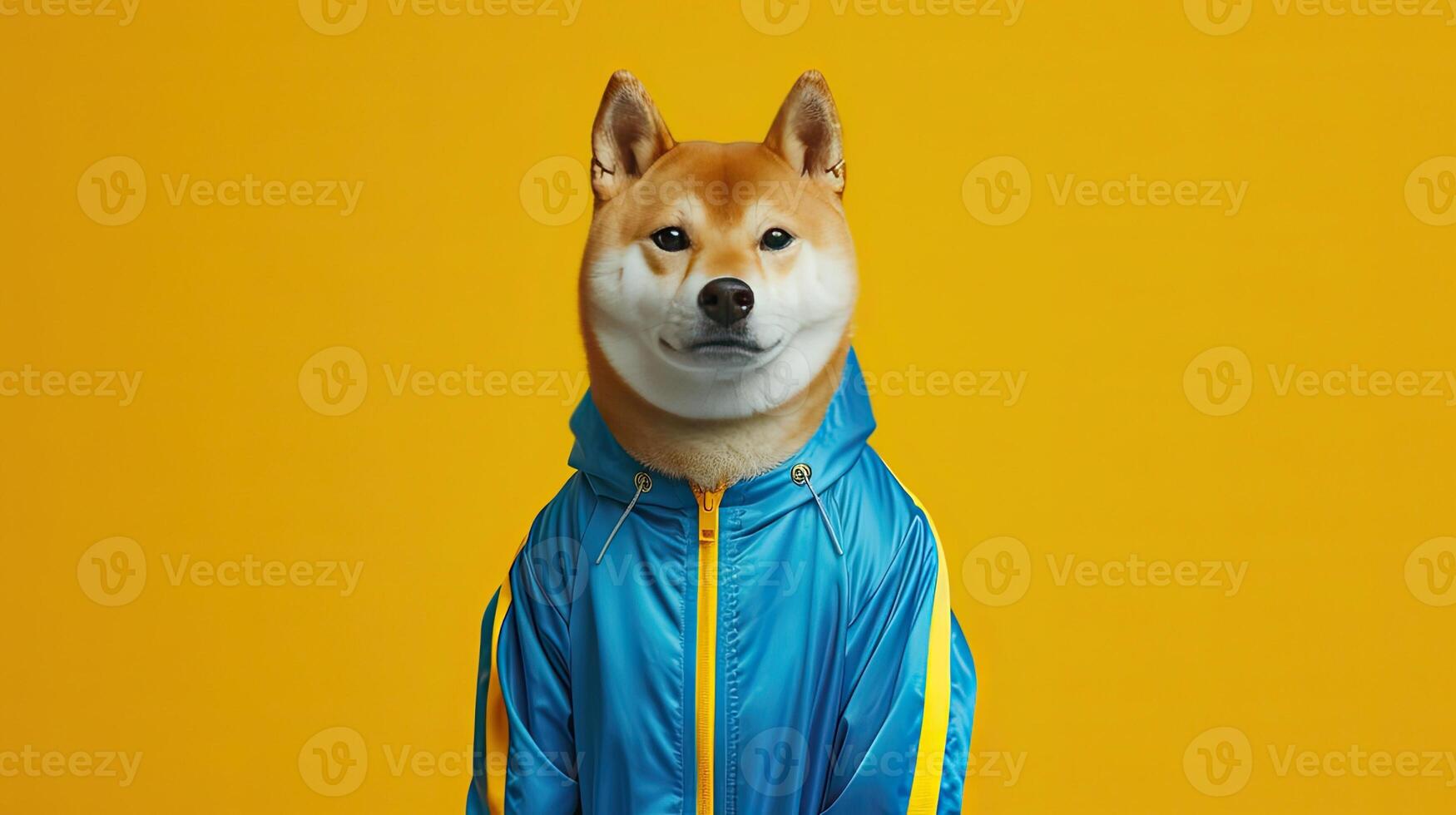 AI generated a charismatic fat Shiba Inu strikes a pose in a sleek blue tracksuit, accentuated by bold yellow striping along the sides, creating a cinematic photograph that radiates attitude. photo