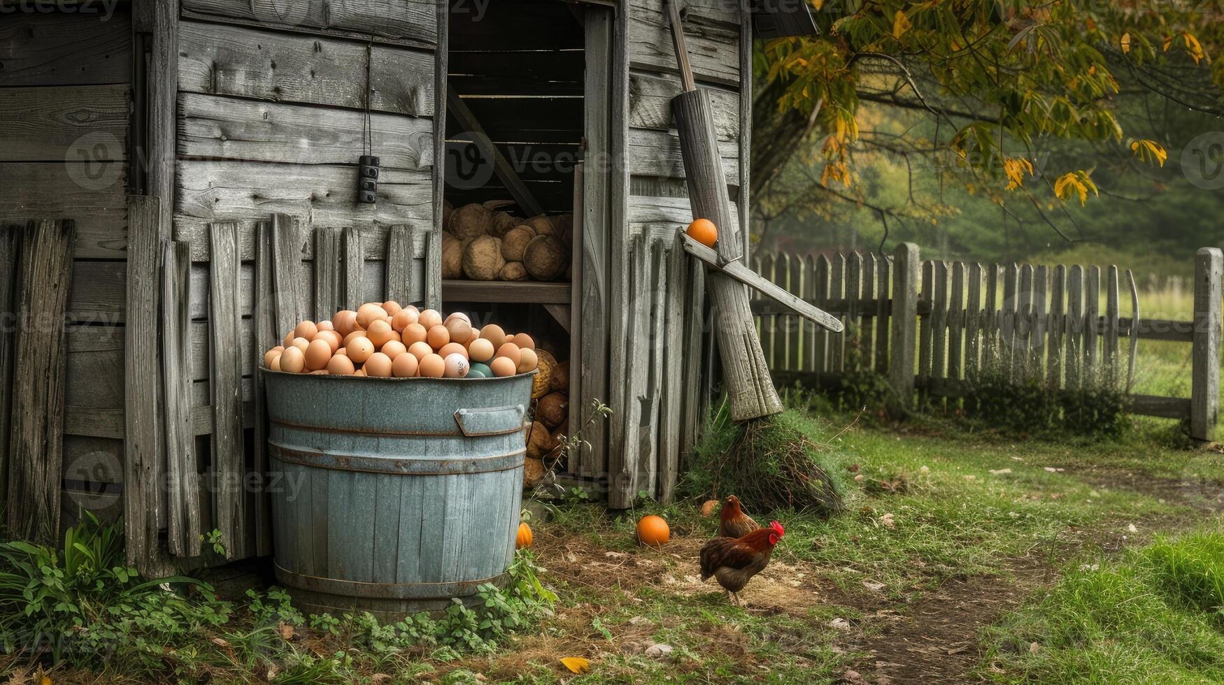 AI Generated a sturdy bucket brimming with freshly collected eggs, nestled beside the picket fence of a rustic chicken coop, epitomizing the charm of country living. photo