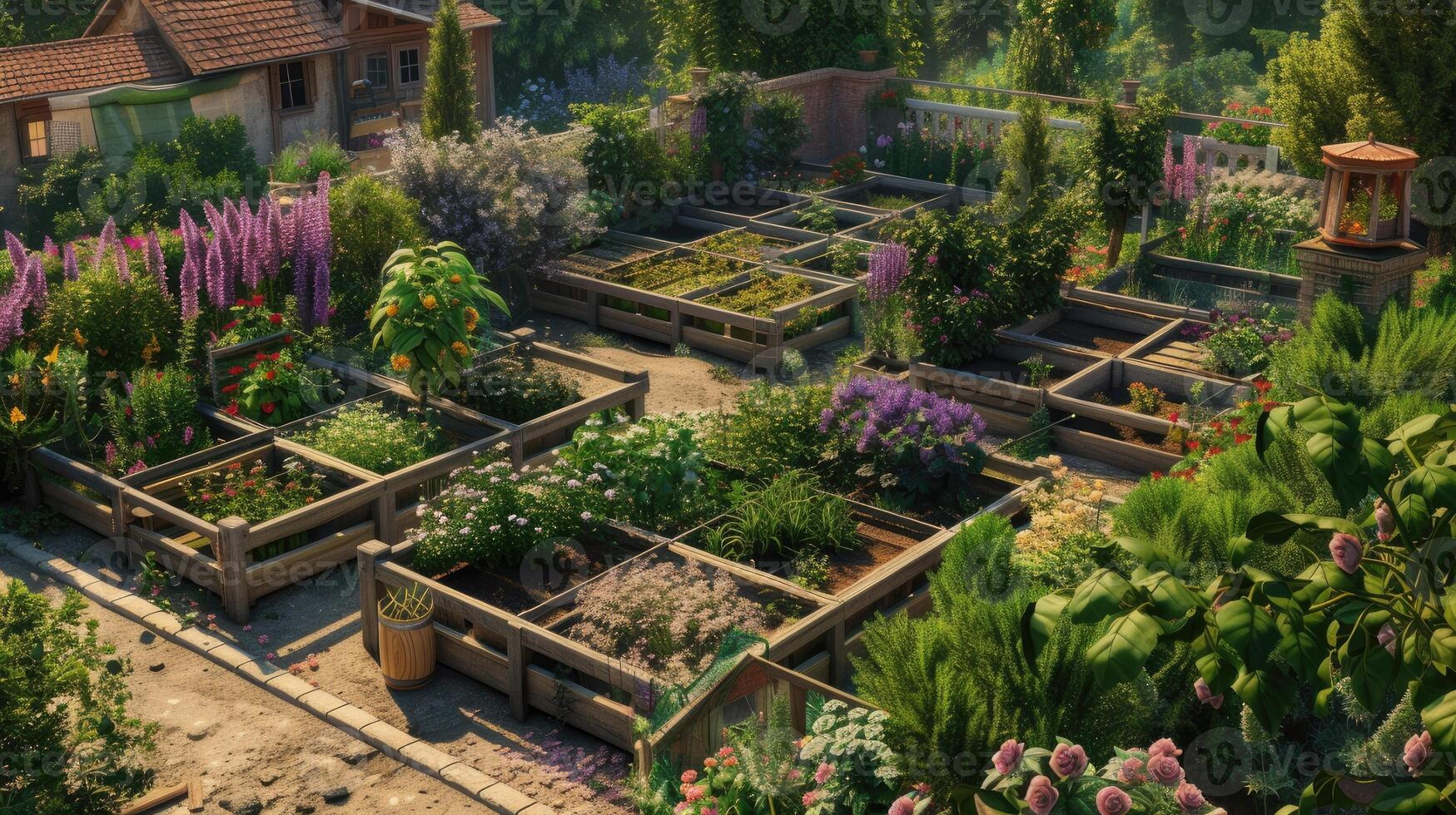 AI generated a garden adorned with raised beds, where lush greenery thrives alongside colorful blooms of a rose garden and the soothing aroma of lavender, creating a picturesque oasis of beauty. photo