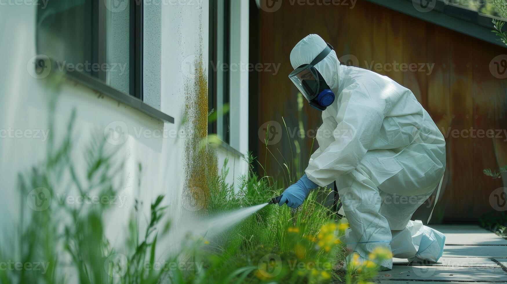 AI generated the technician holding a sprayer and emphasizing the application of the product at the base of the building to ensure thorough protection against pests. photo