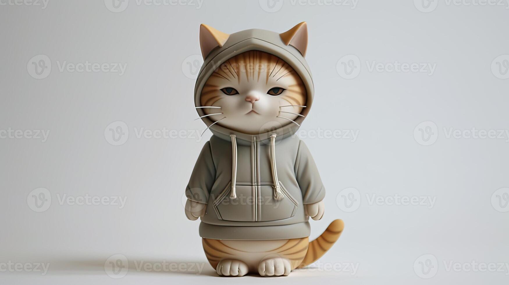 AI generated a cute little cat donning a hoodie, captured in a standing posture against a solid light background, showcasing super-detailed craftsmanship from a main view. photo