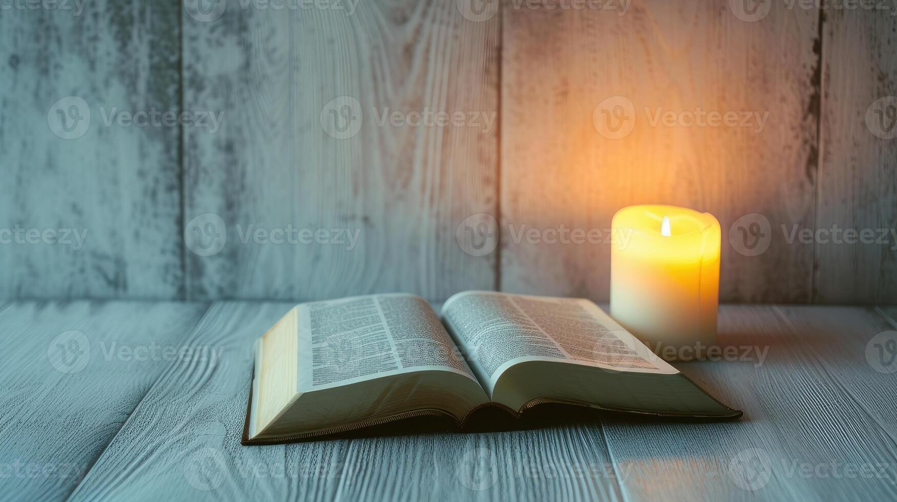 AI generated an open holy book, the Bible, next to a burning candle on a white wooden table, while communicating with God photo