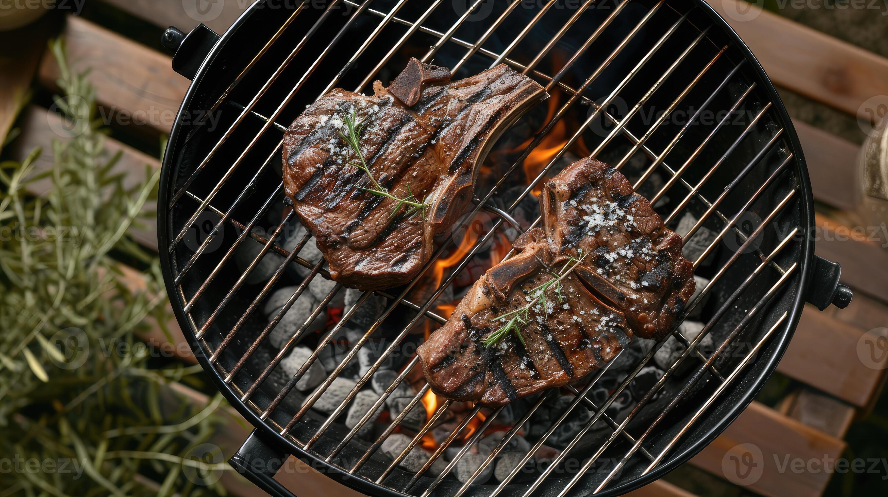 AI generated beef Tbone steaks grilling over hot BBQ coals, featuring
