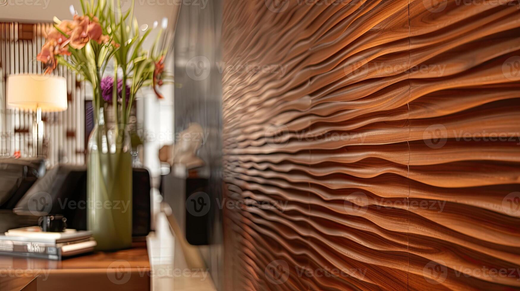 AI generated a carpentry wall surface structure design, enhanced by a glossy finish that accentuates the natural beauty and texture of the wood, creating a stunning visual focal point in any interior photo
