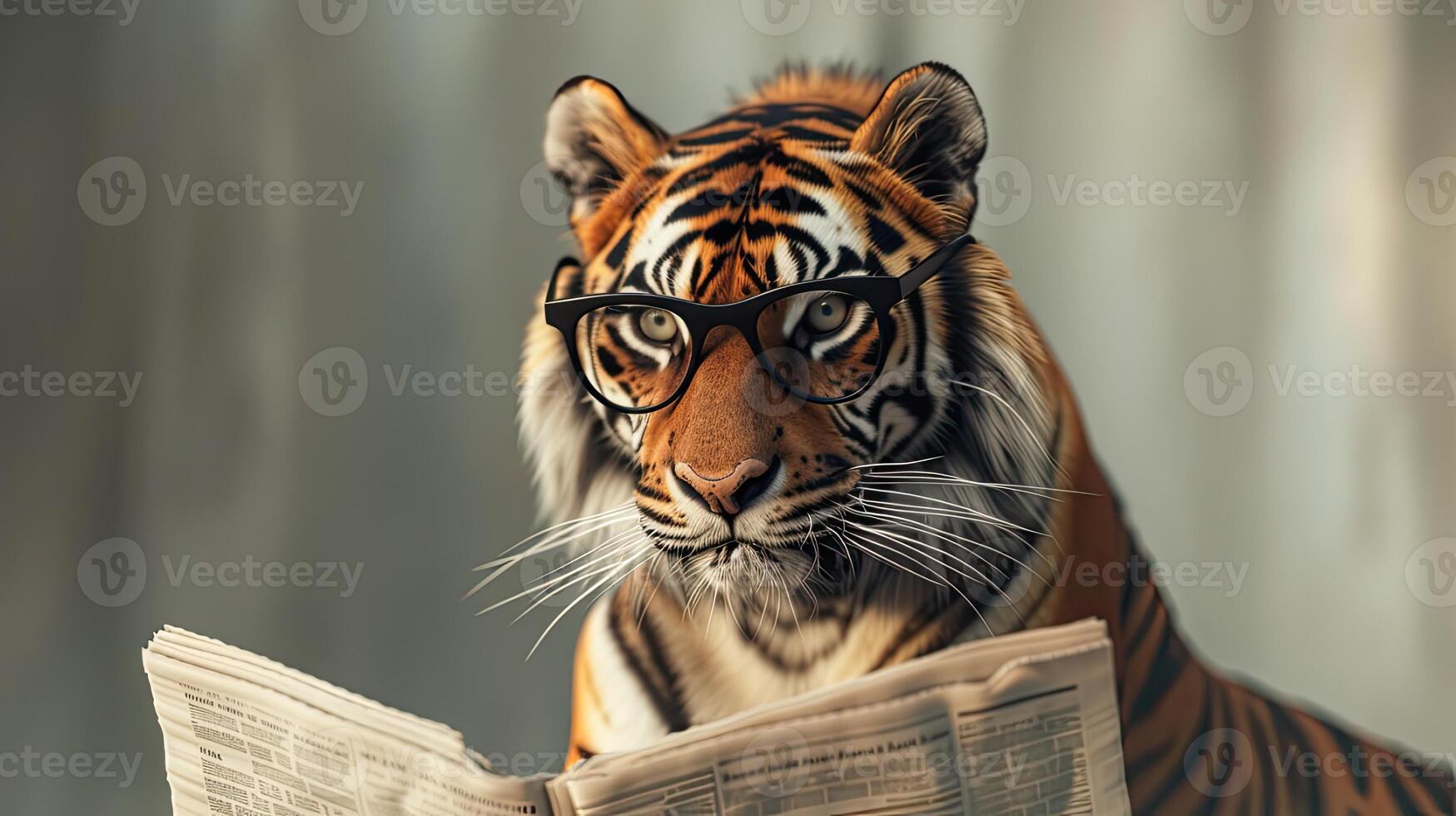 AI generated tiger wearing black glasses as it engages in the act of reading a newspaper against a serene, light-colored backdrop photo