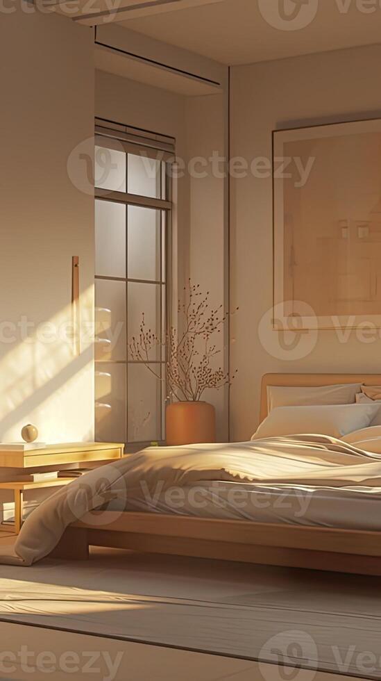 AI generated a contemporary bedroom with a neutral palette, featuring a stylish platform bed bathed in soft ambient lighting, and adorned with decor to create a tranquil retreat for rest. photo