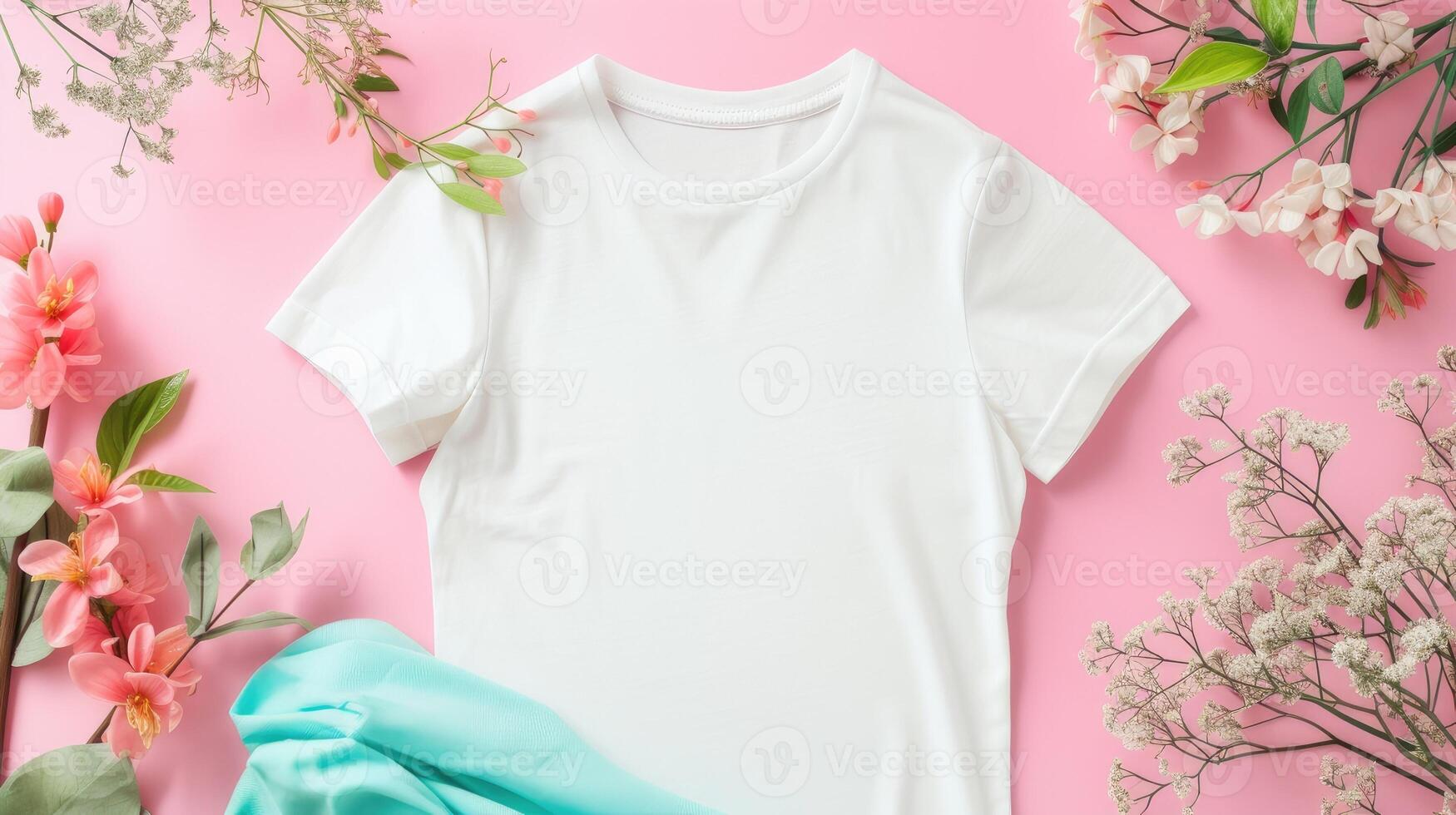 ai generado un blanco camiseta Bosquejo presentando un blanco camisa plantilla, adornado con vibrante primavera accesorios en contra un suave pastel fondo, Perfecto para transporte un Fresco y estacional estilo. foto