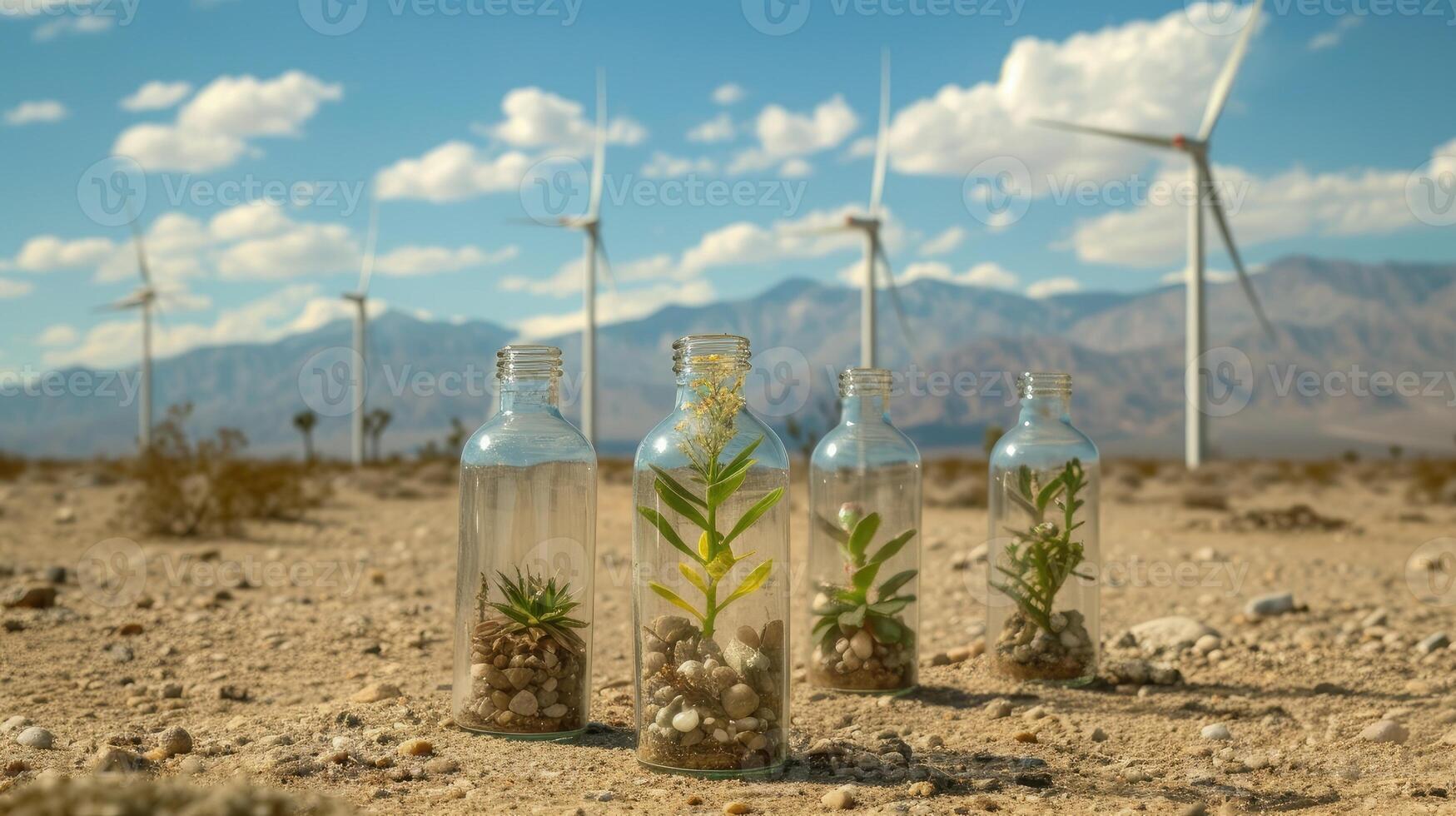 AI generated deserts and the delicate beauty of miniature nature enclosed in glass bottles, symbolizing the importance of environmental protection. photo