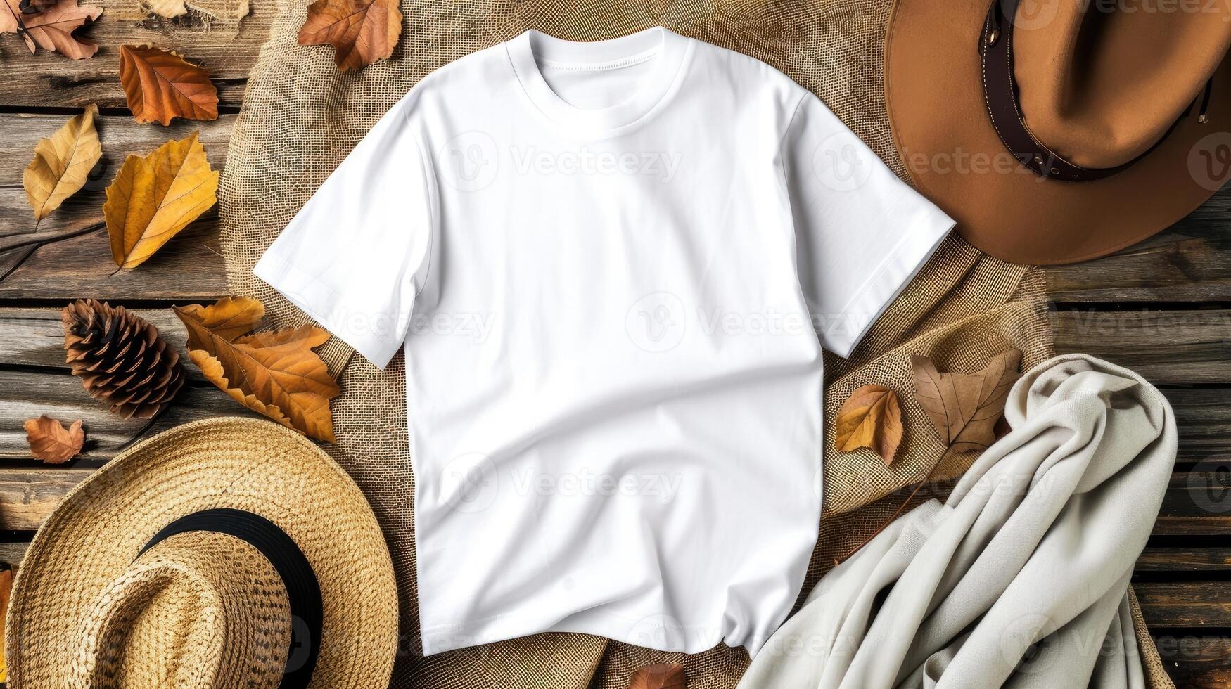 ai generado un blanco camiseta Bosquejo con un blanco camisa modelo foto, presentando elegante otoño accesorios en contra un rústico arpillera antecedentes para un de moda y estacional estético. foto