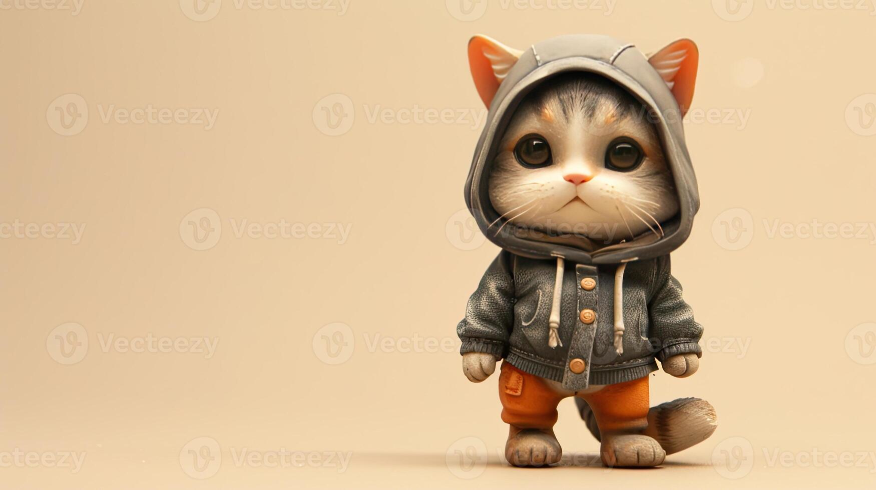 AI generated a cute little cat donning a hoodie, captured in a standing posture against a solid light background, showcasing super-detailed craftsmanship from a main view. photo