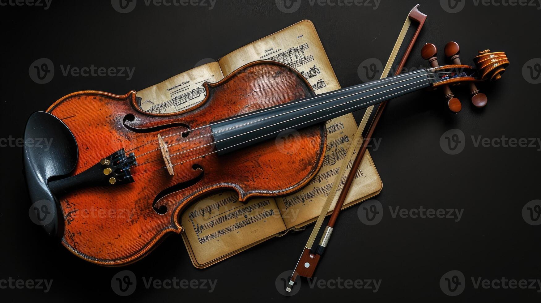 AI generated a violin accompanied by its bow and sheet music, elegantly poised on a black background, with clean lines and natural shadows enhancing its ultra-detailed craftsmanship. photo