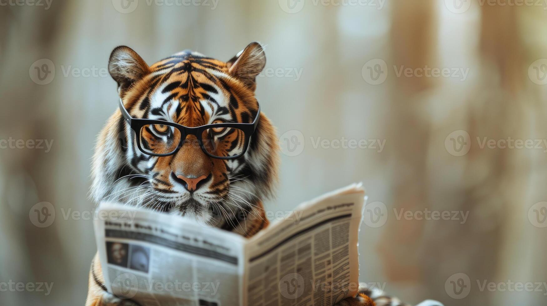 ai generado Tigre vistiendo negro lentes como eso se involucra en el Actuar de leyendo un periódico en contra un sereno, de color claro fondo foto