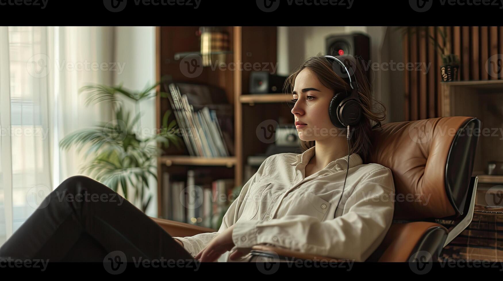 AI generated a young, beautiful woman wearing headphones, lost in the melody of her favorite music, amidst the contemporary ambiance of her modern living room at home. photo