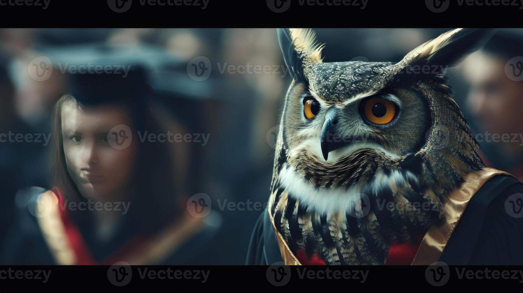 AI generated a majestic owl adorned in a graduation gown and mortarboard, exuding scholarly elegance and poise as it partakes in a solemn university ceremony. photo