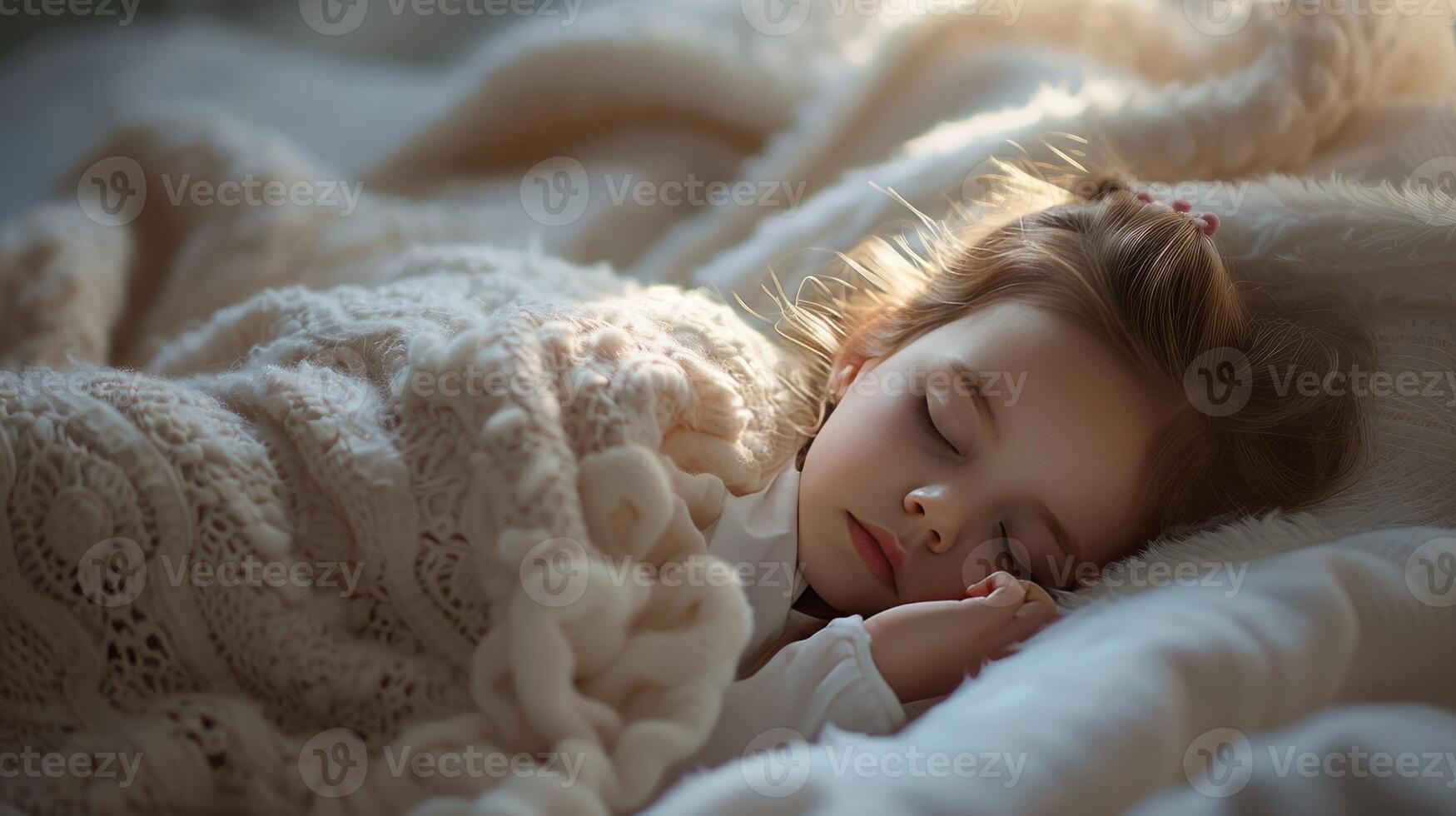 AI generated a little girl as she sleeps soundly in bed, nestled under a plush, soft, textured blanket that envelops her in warmth and comfort, creating a serene and cozy atmosphere. photo