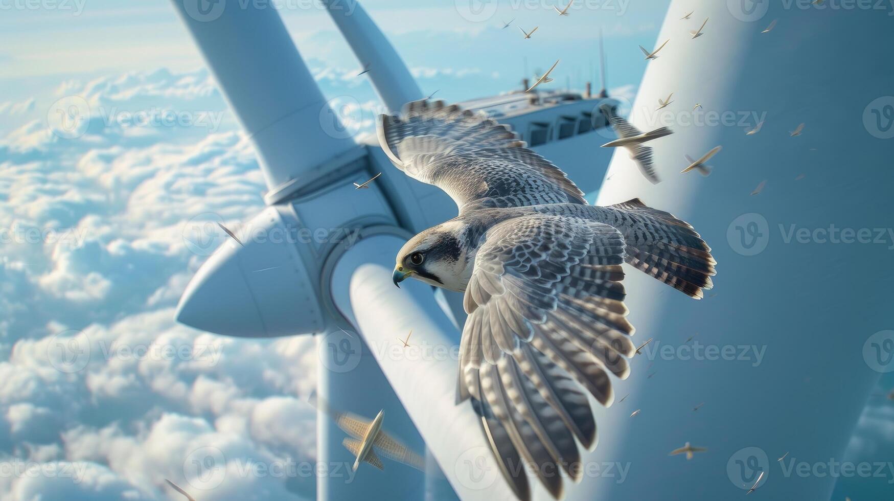 AI generated a majestic falcon soaring gracefully between the towering blades of a wind turbine, showcasing the intricate balance between wildlife and renewable energy. photo
