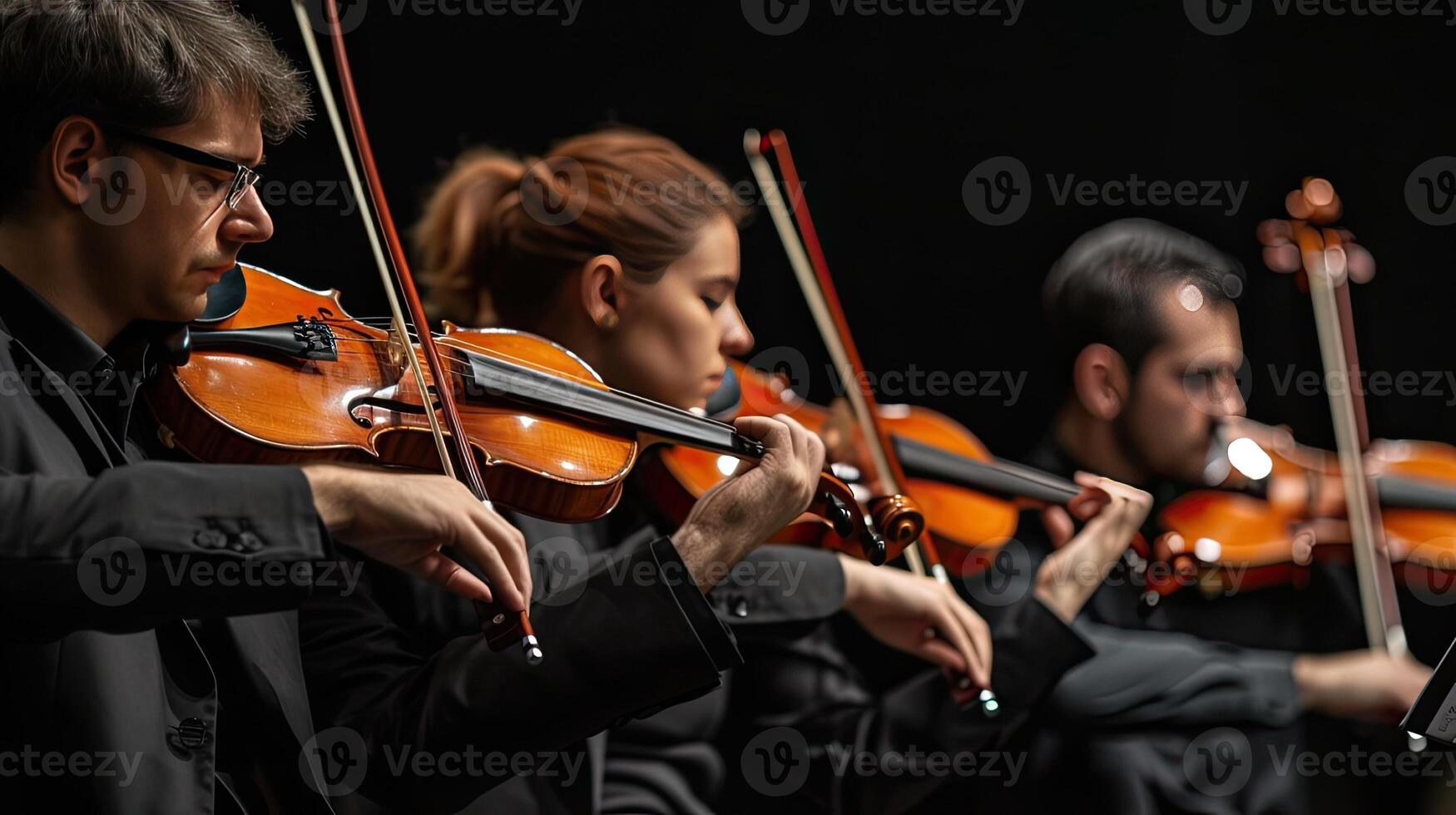 AI Generated a violin accompanied by its bow and sheet music, elegantly poised on a black background, with clean lines and natural shadows enhancing its ultra-detailed craftsmanship. photo