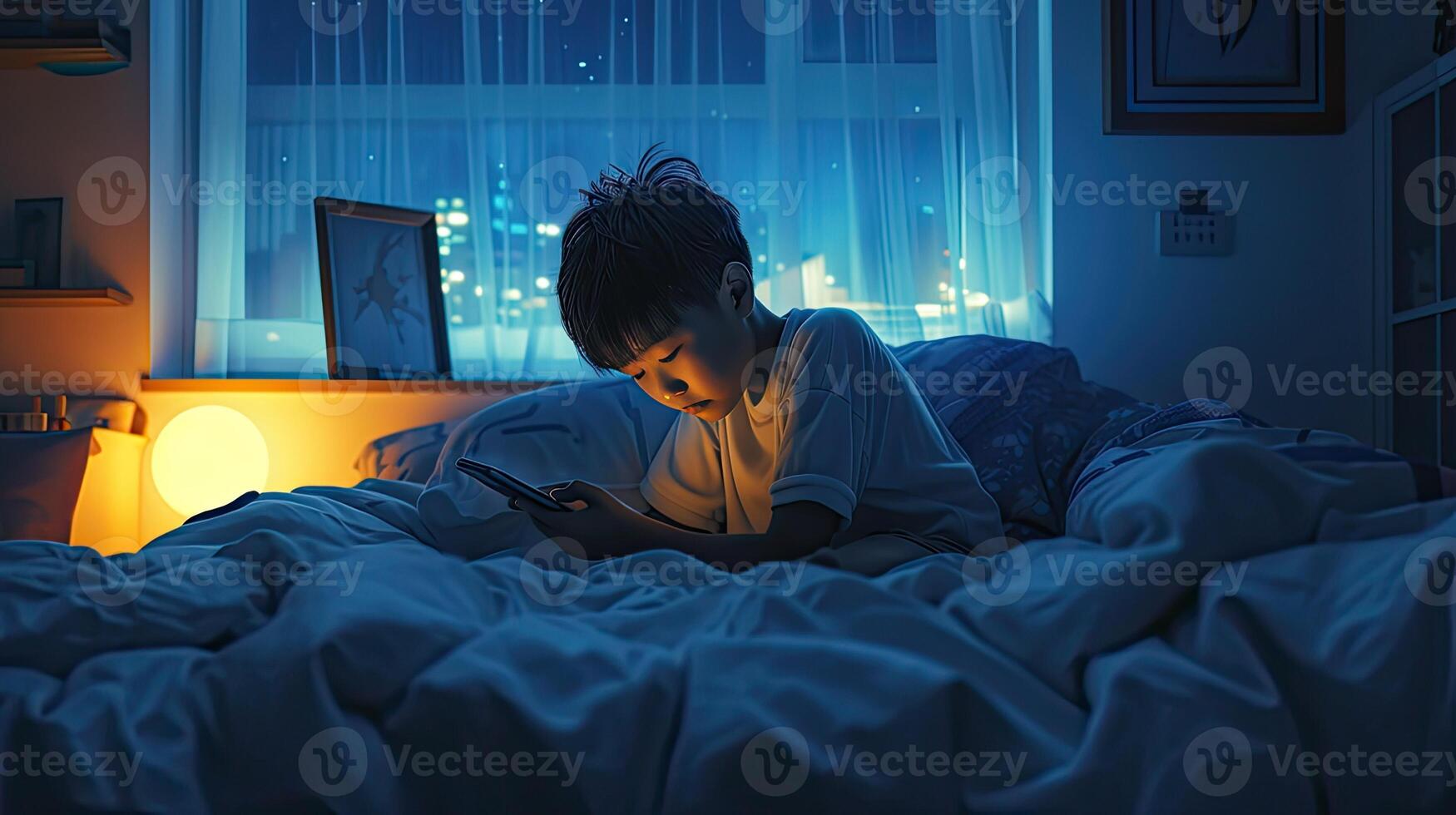 AI generated a Chinese boy engrossed in his mobile phone while lounging in bed, the soft glow of the screen illuminating his face, highlighting the allure of modern technology in everyday life. photo