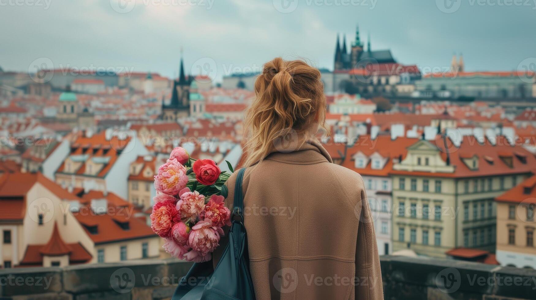 AI generated a 35-year-old lady, radiating happiness as she carries a large bag filled with vibrant peonies, her tall stature and elegant coat adding to the charm of the scene. photo