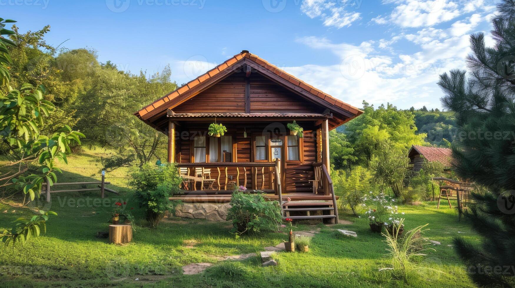 AI generated village life in Serbia with a realistic photograph featuring a quaint wooden cabin nestled amidst the picturesque countryside, evoking a sense of tranquility and serenity. photo