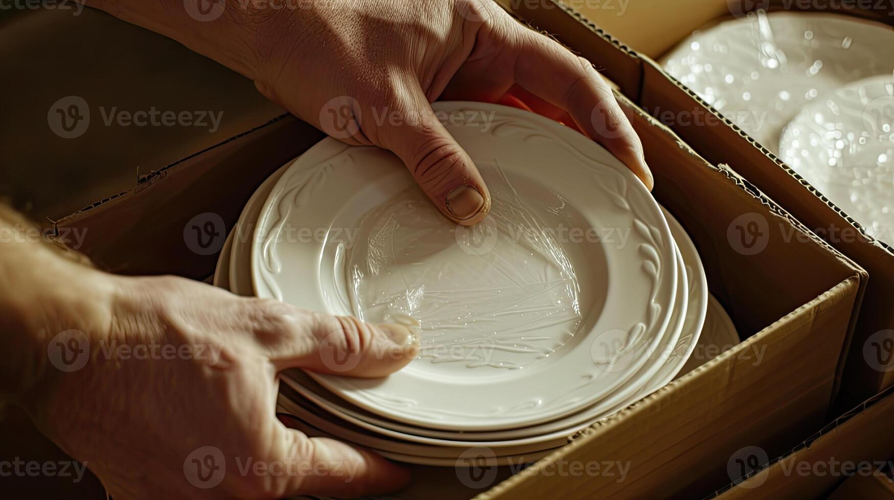AI generated hands carefully stacking plates into a cardboard moving box, illustrating the meticulous process of packing and securing fragile items for relocation. photo