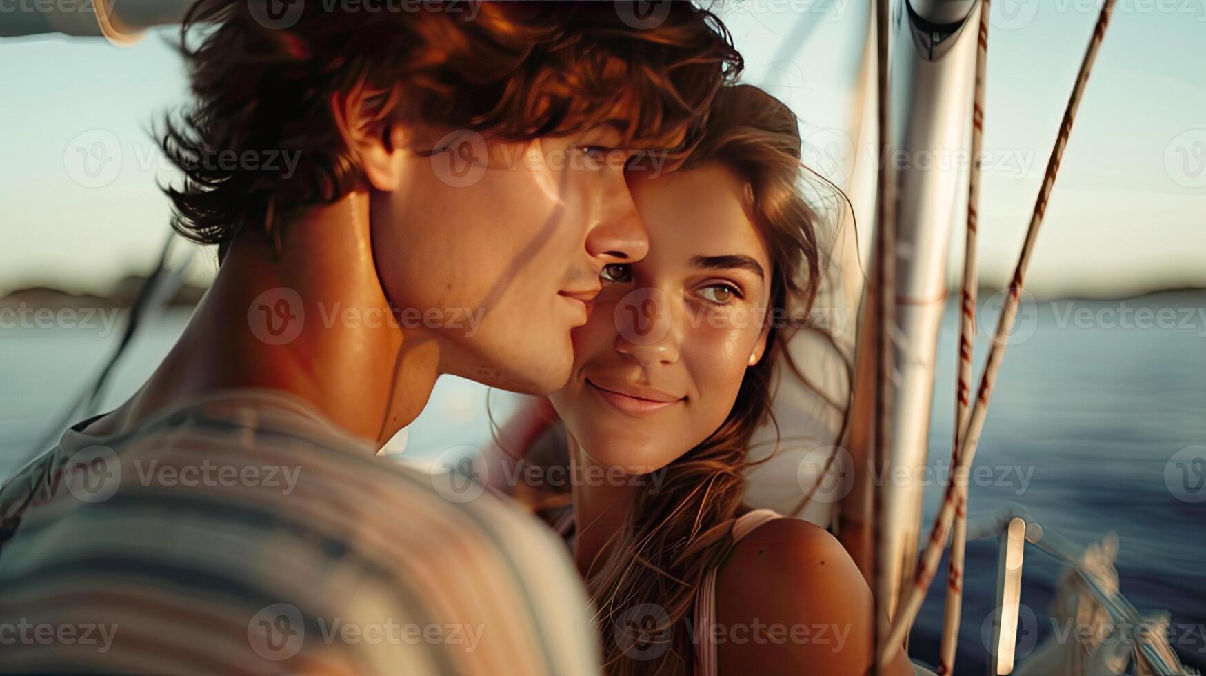 AI generated young couple aboard a yacht with, where their affectionate gestures and smiles reflect the romance of sailing on the open seas. photo