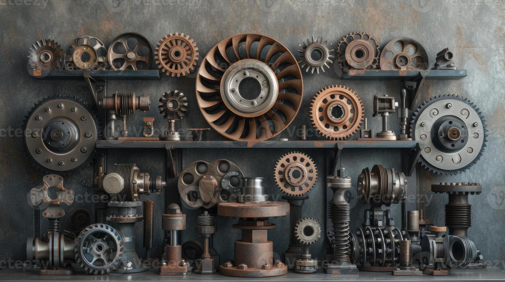 AI generated drum brakes, gears, and assorted metal components artfully displayed on a pedestal, against a grey, oxidized background, evoking an industrial ambiance that celebrates precision photo