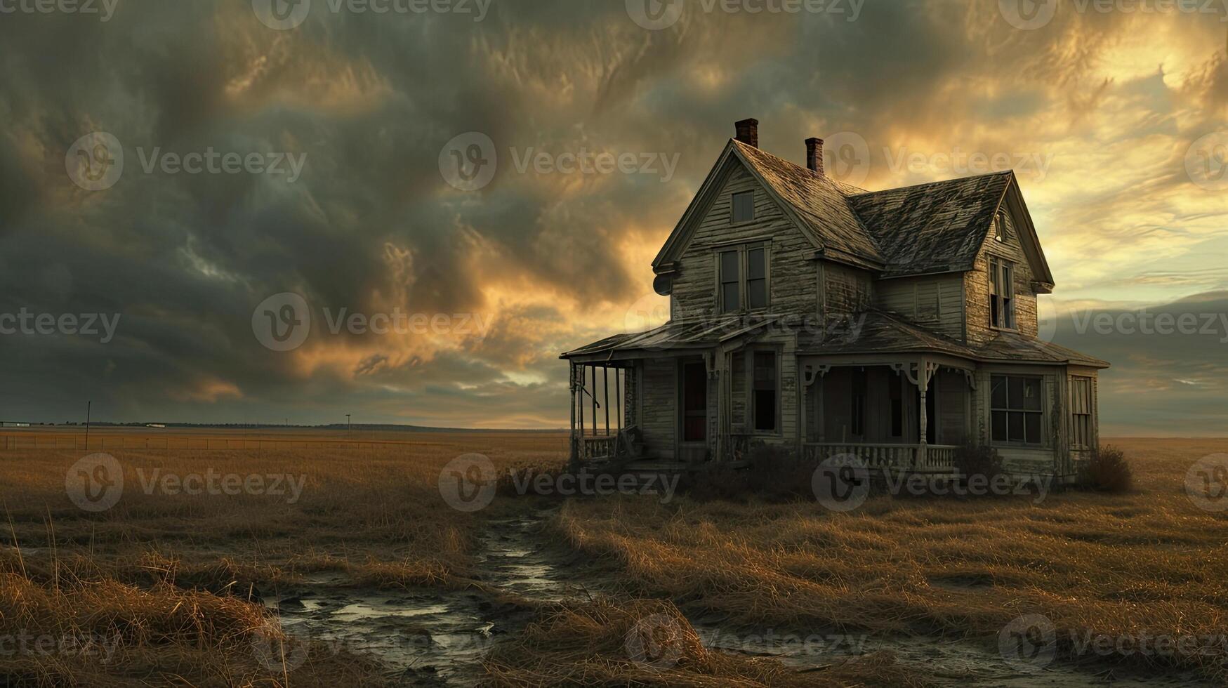 AI generated an old dilapidated house, weathered by time and neglect, in a realistic photograph that evokes a sense of nostalgia and abandonment. photo
