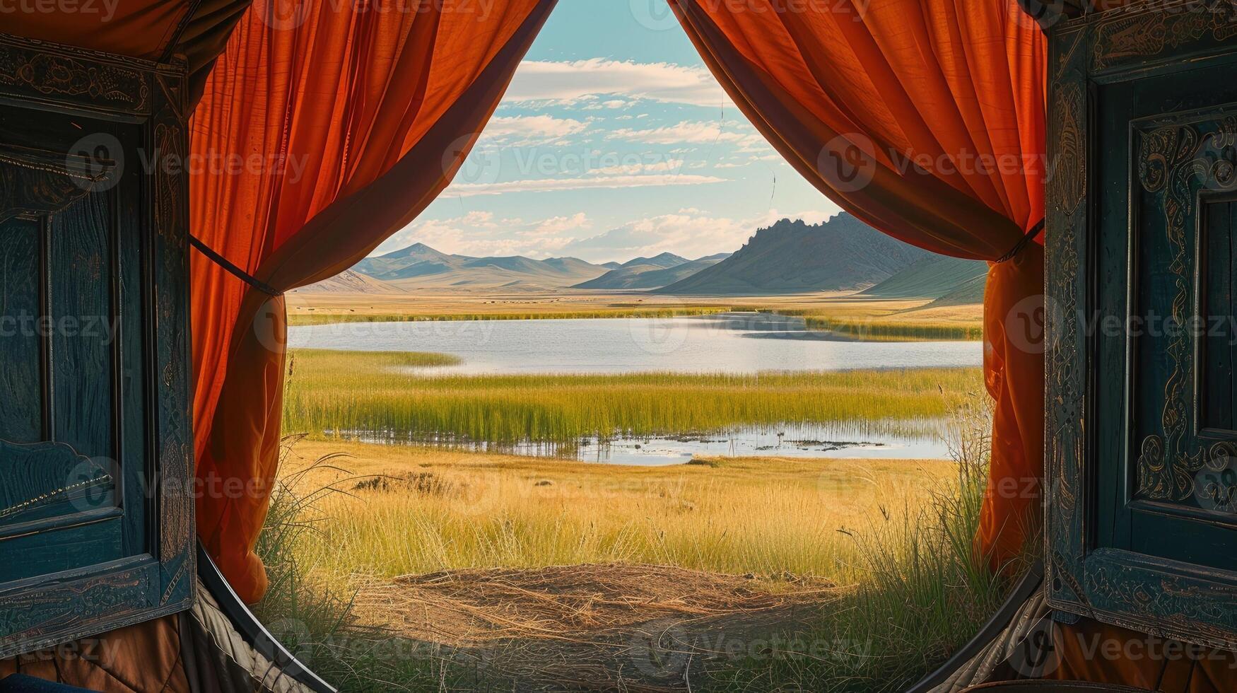AI generated Mongolian landscapes through a frame within a frame composition, where the silhouette of a yurt gate frames a distant view of grasslands, a lake, and majestic mountains. photo