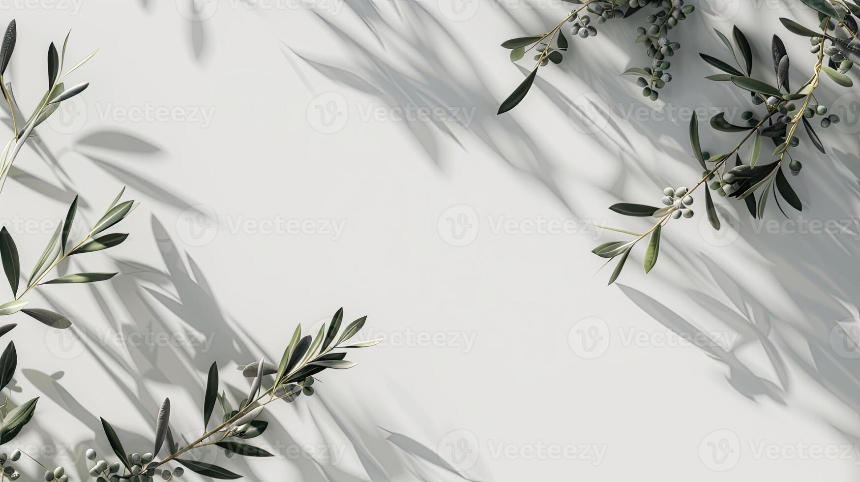 AI generated a blank greeting card mockup featuring olive tree branches delicately arranged on a white table background, perfect for wedding invitations. photo