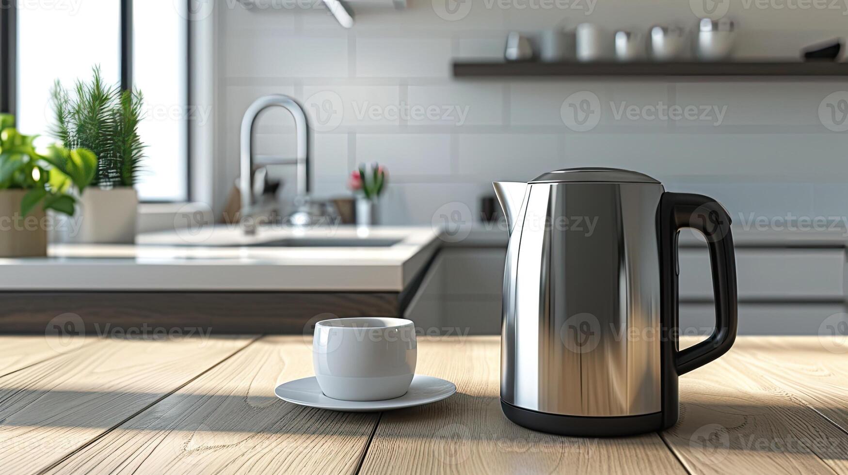 AI generated a modern electric kettle sitting beside a cup on a wooden table in a light-filled, minimalist kitchen, portraying the marriage of style and utility in contemporary home appliances. photo