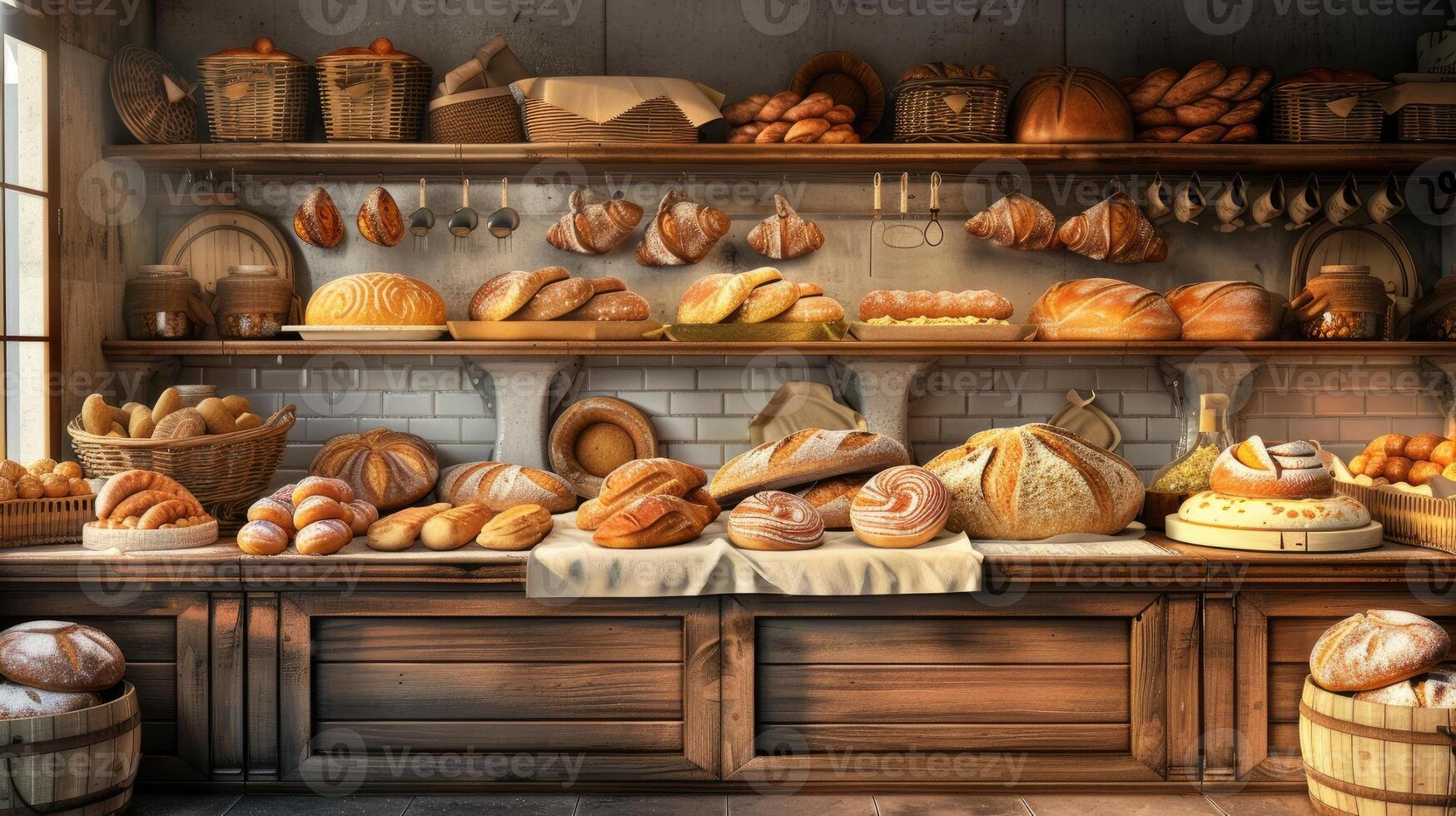 AI generated a quaint bakery, where artisanal bread varieties are artfully arranged on a rustic wooden counter, tempting passersby with their delicious aroma. photo