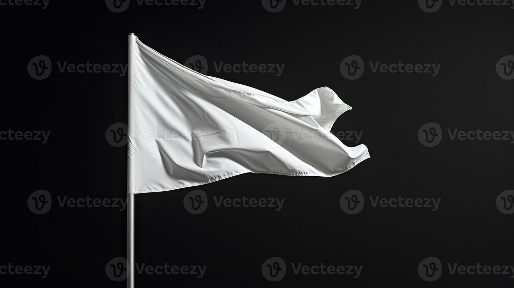 AI generated blank white flag on a flagpole, isolated against a stark black background, conveying a sense of simplicity and purity in its symbolism. photo