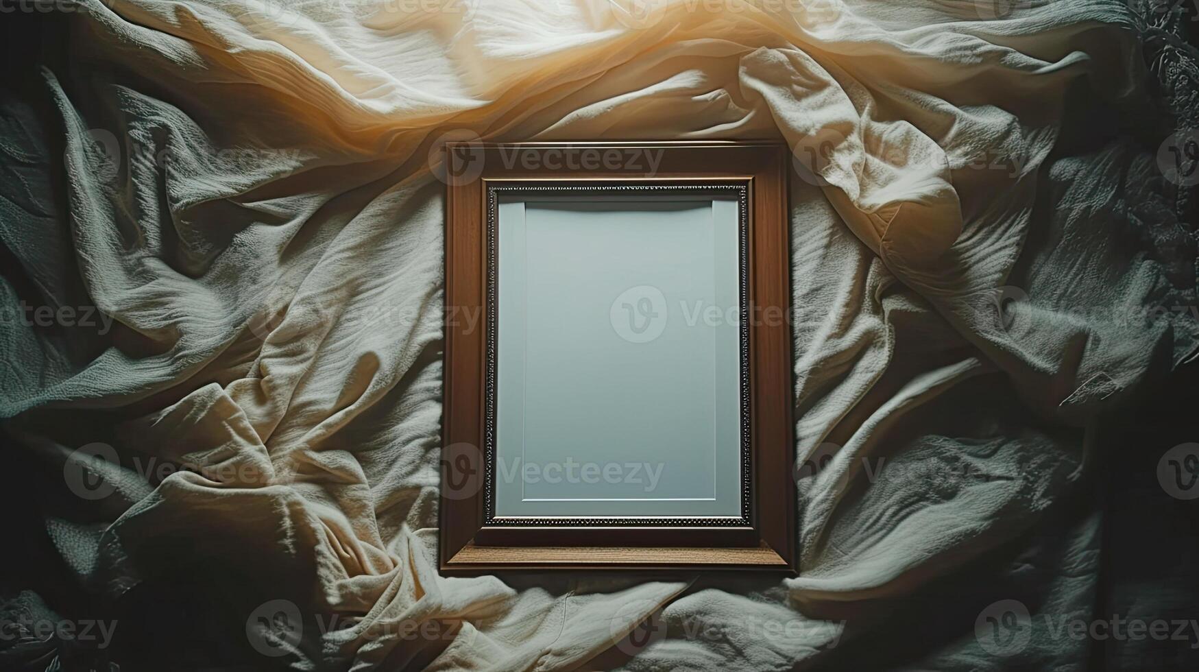 AI generated an empty frame resting on a bed, slightly turned, viewed from a high angle, inviting viewers to ponder the potential for personalization and storytelling within the frame's confines. photo